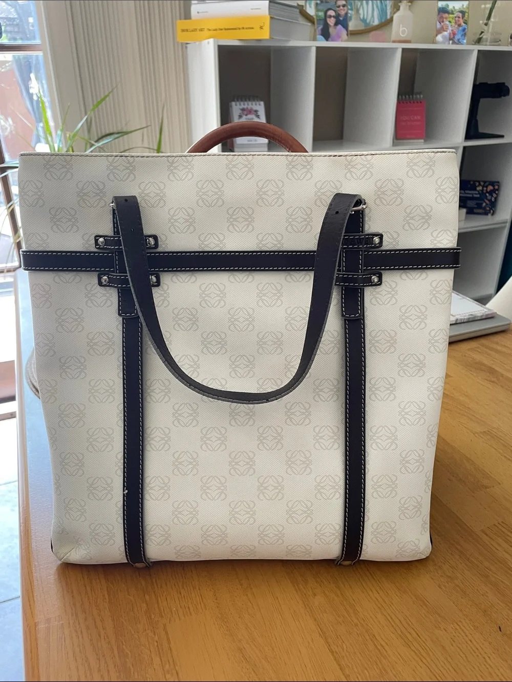 Loewe White Cream Bag with Dark Brown Trim Vintage